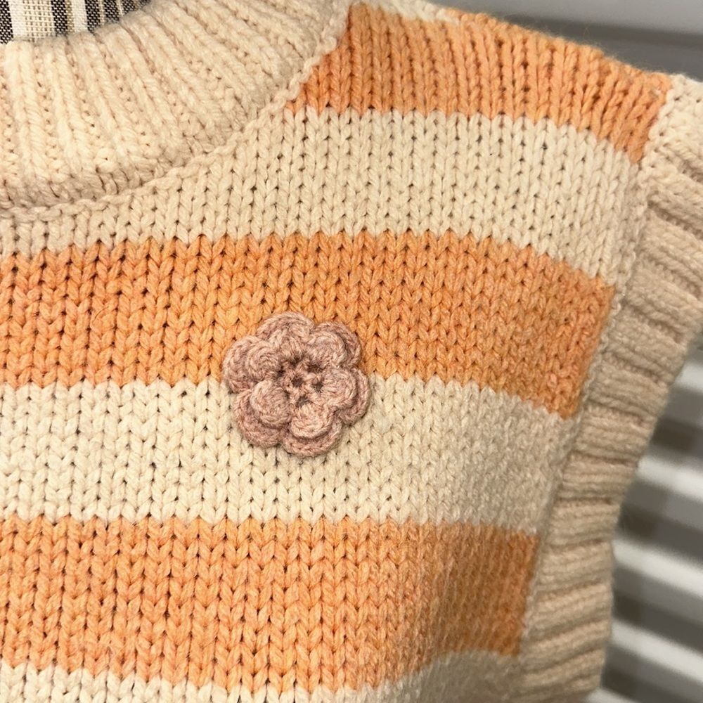 ZARA Orange Cream Striped Floral Knit Vest NWT Size L Textured Sweater Vest - Picture 6 of 9